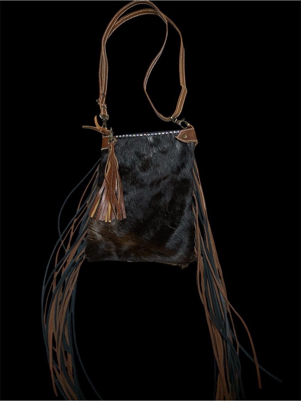 Fringe Leather & Haircalf Crossbody Bag - Brown and Black